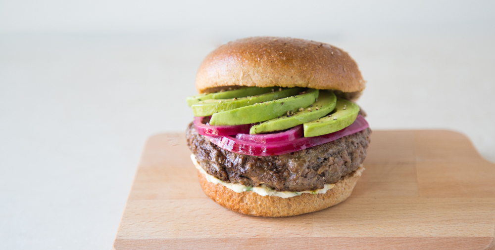 Blended Burger with Avocado and Pickled Onions