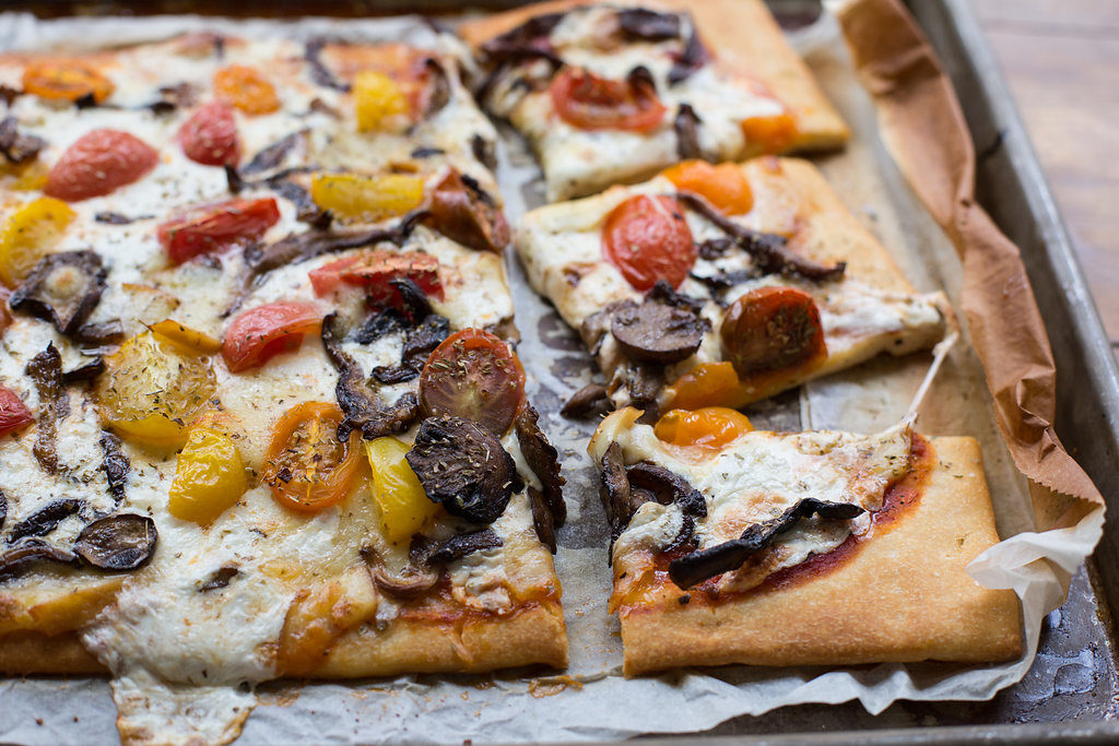 Mushroom, Mozzarella, and Cherry Tomato Pizza