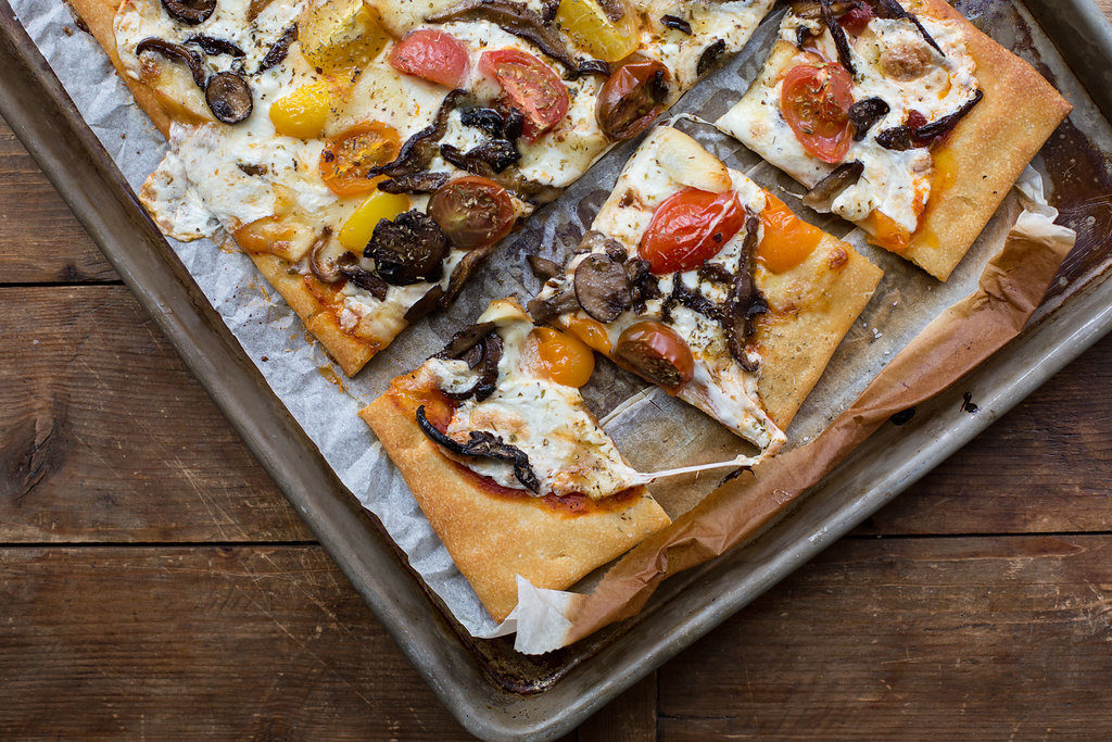 Mushroom, Mozzarella, and Cherry Tomato Pizza