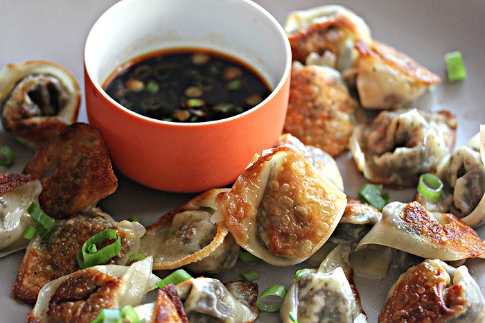 Mushroom-Spring Onion Dumplings with Black Vinegar-Chili Dipping Sauce