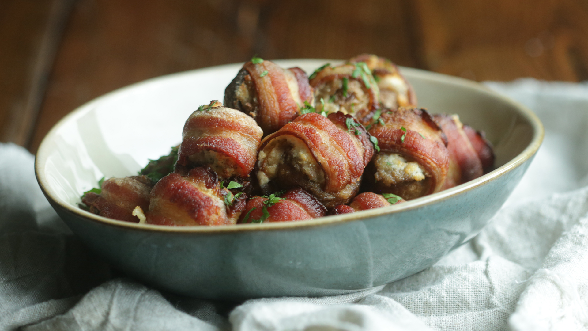 Italian Sausage Stuffed Bacon Wrapped Mushrooms